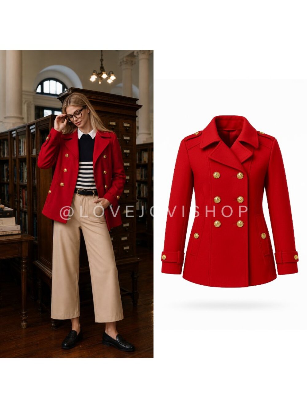 Academia | INC Red Wool Blend Peacoat Gold Button Military Coat | Classic Prep L